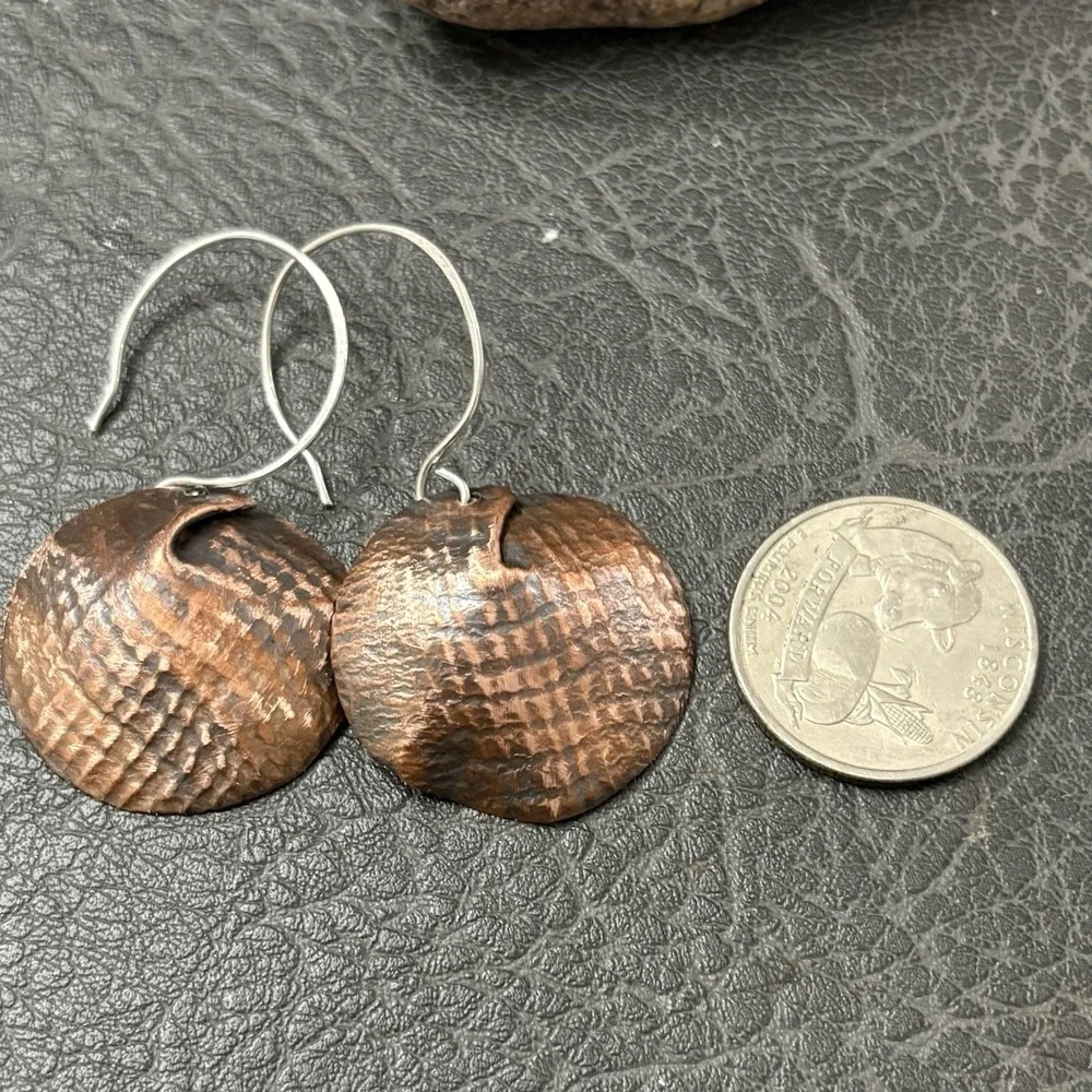 Sterling and Copper Artisan Dangle Pierced Earrings, Forged Handmade Jewelry‎